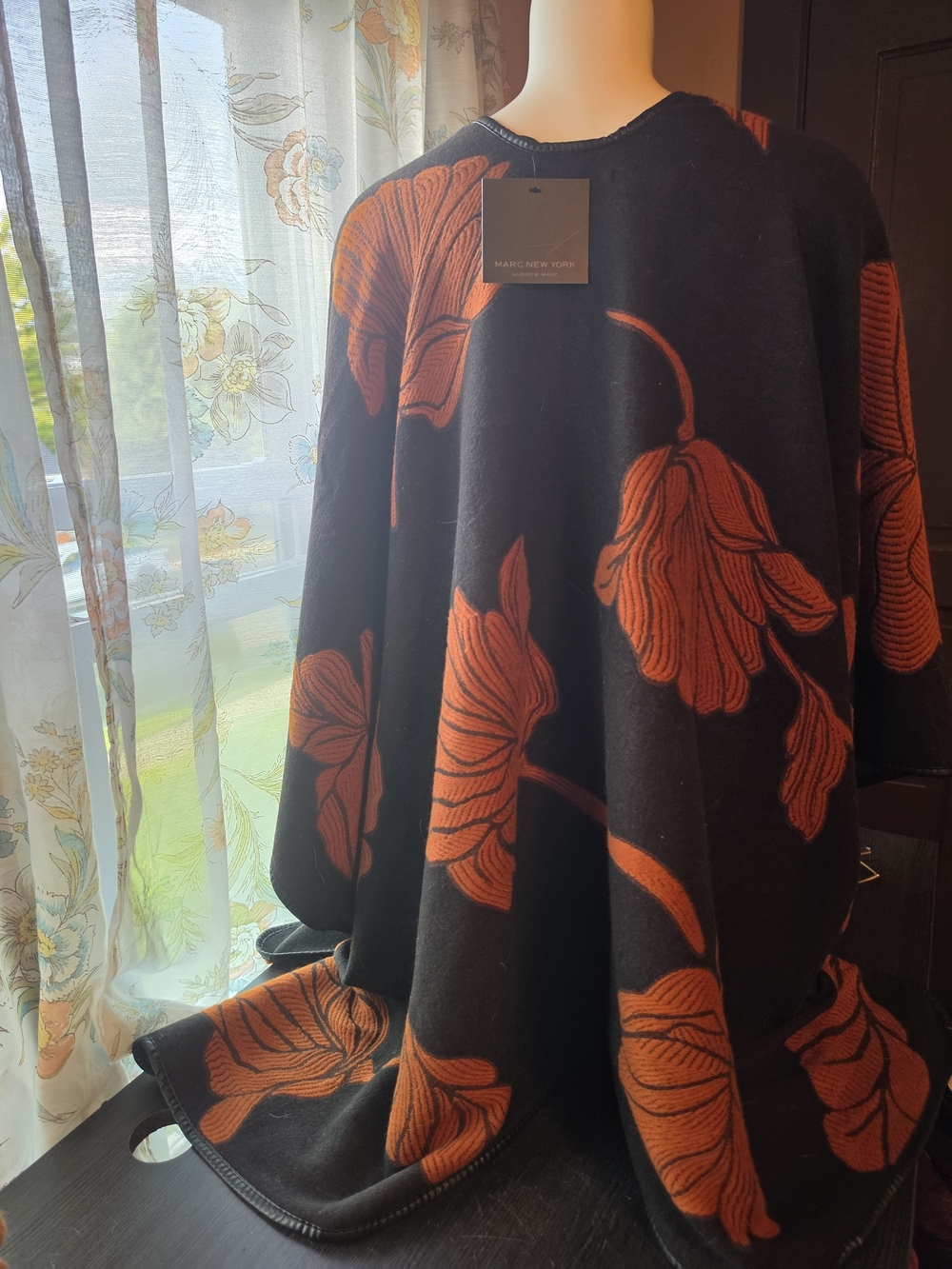 Marc Anthony Black Poncho with Orange Floral Jacquard